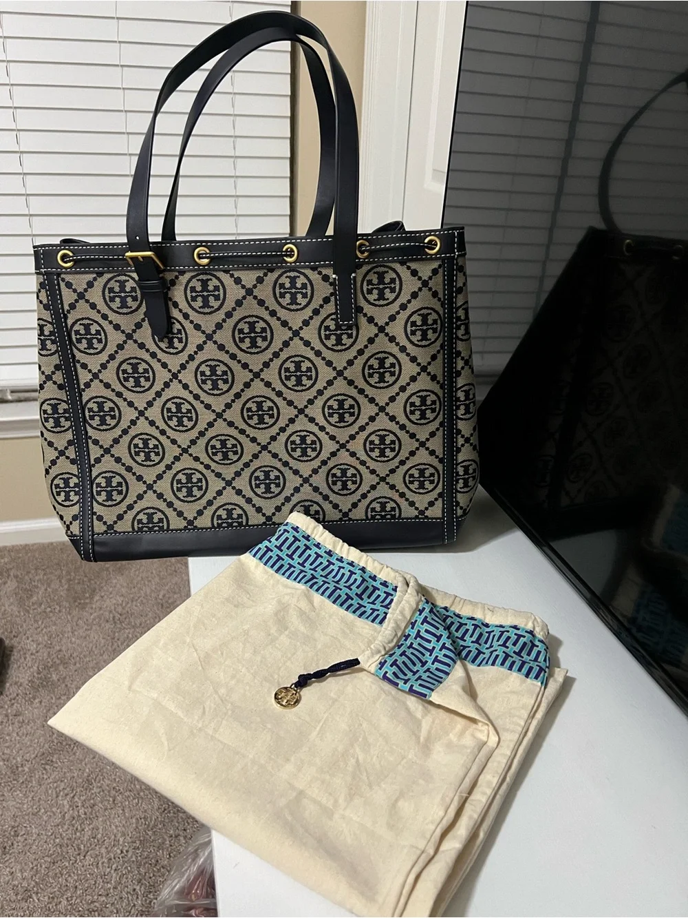 Tory Burch Black and Natural Logo Jacquard Drawstring Tote